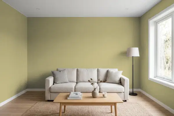 Living room with walls painted Behr Fresh Olive PPU9-04 (simulated)