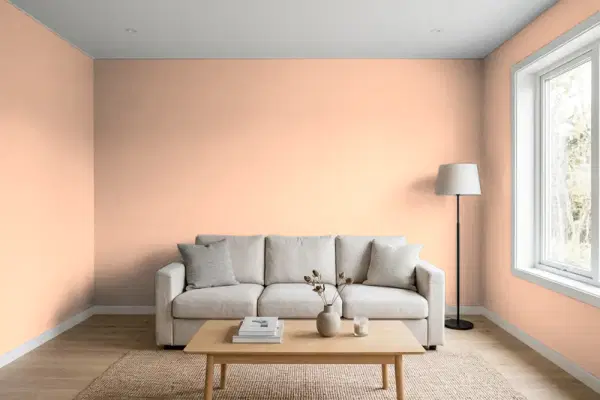 Living room with walls painted Benjamin Moore Fresh Peach 060 (simulated)