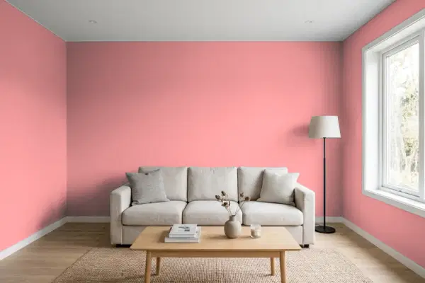 Living room with walls painted Behr Fresh Pink 140D-4 (simulated)