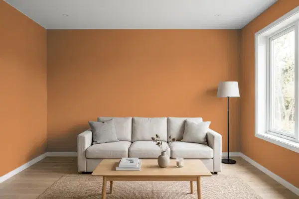 Living room with walls painted PPG Paints Fresh Praline 16-21 (simulated)