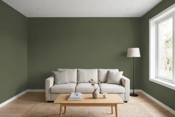 Living room with walls painted Behr Freshwater Marsh ECC-37-3 (simulated)