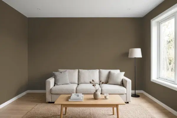 Living room with walls painted PPG Paints Friar's Brown 1024-7 (simulated)