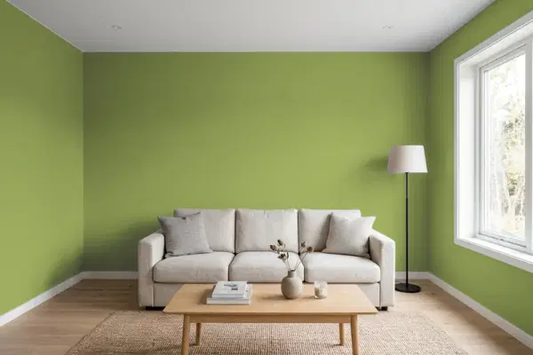 Living room with walls painted Behr Frog M350-6 (simulated)
