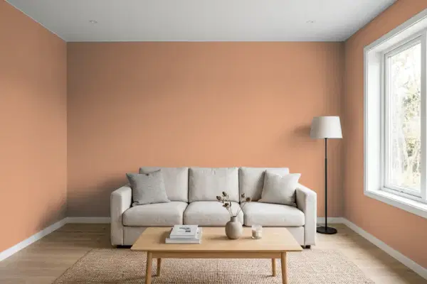 Living room with walls painted Benjamin Moore Frontenac Brick CC-182 (simulated)