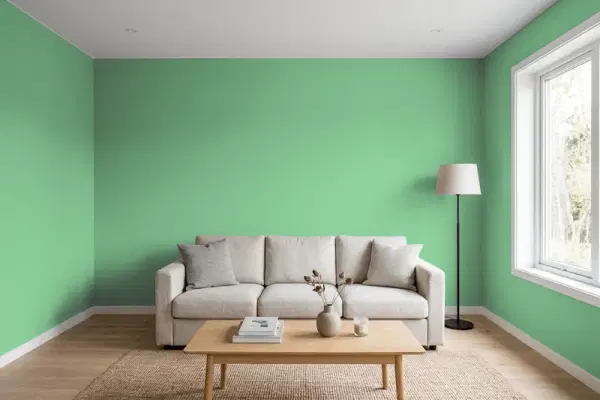 Living room with walls painted Sherwin-Williams Frosted Emerald SW 9035 (simulated)