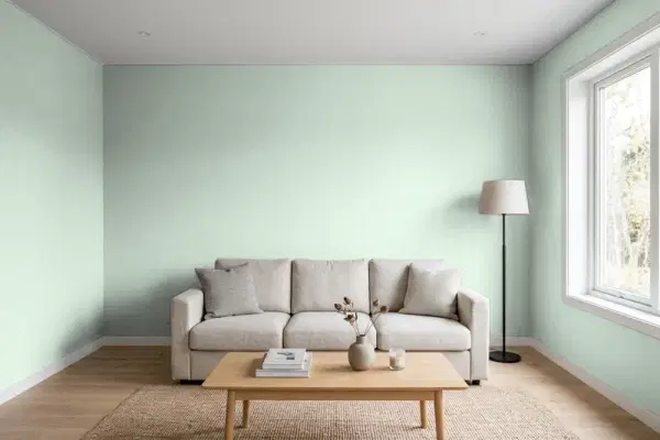 Living room with walls painted Behr Frosted Jade PPU11-13 (simulated)