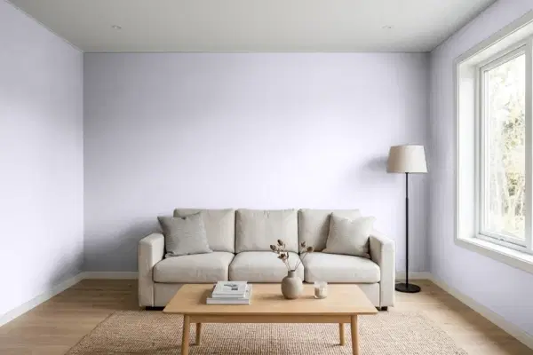 Living room with walls painted PPG Paints Frosted Lilac 1173-3 (simulated)