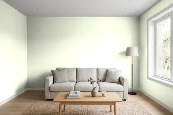 Living room with walls painted Benjamin Moore Frosty Lime 2029-70 (simulated)