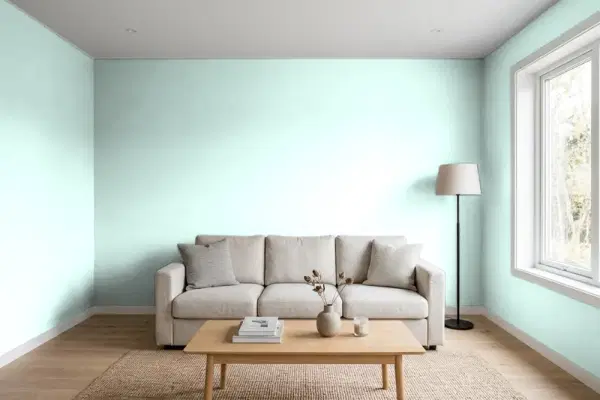 Living room with walls painted Benjamin Moore Frosty Mint 2043-70 (simulated)