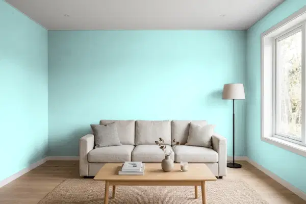 Living room with walls painted Valspar Frosty 5006-9B (simulated)