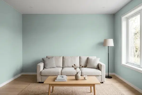 Living room with walls painted Behr Frozen Pond PPU12-09 (simulated)