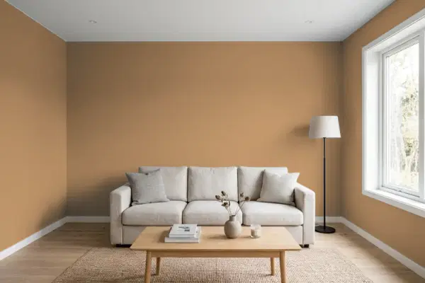 Living room with walls painted Behr Fudge Truffle 270F-6 (simulated)