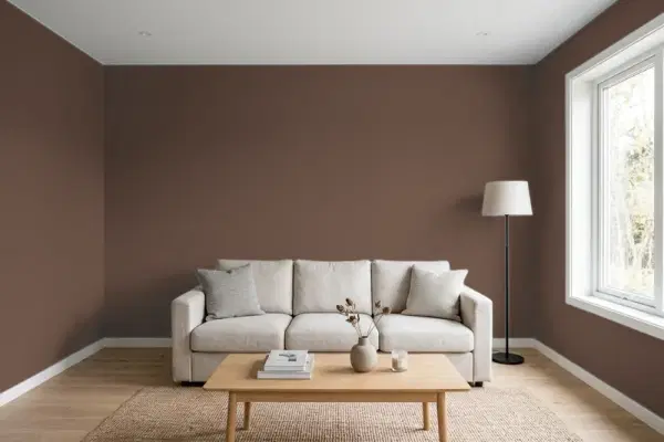 Living room with walls painted PPG Paints Fudge Truffle 1075-7 (simulated)