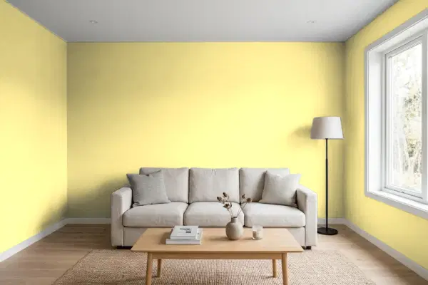 Living room with walls painted Sherwin-Williams Fun Yellow SW 6908 (simulated)