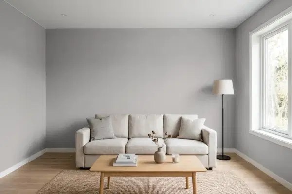 Living room with walls painted Benjamin Moore Fusion AF-675 (simulated)
