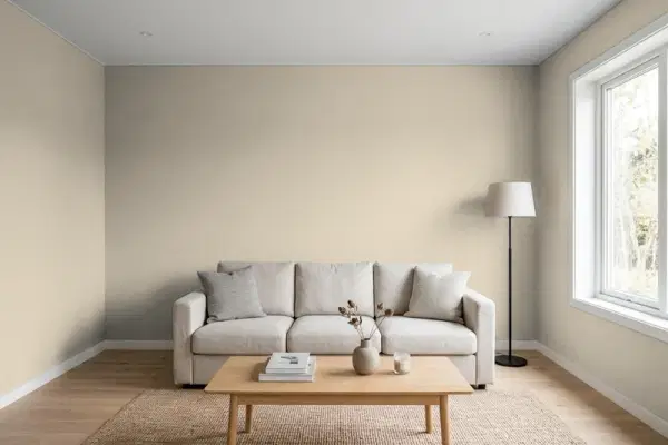 Living room with walls painted Benjamin Moore Gallery Buff CSP-225 (simulated)