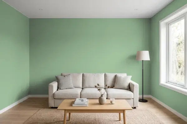 Living room with walls painted Behr Gallery Green S400-5 (simulated)