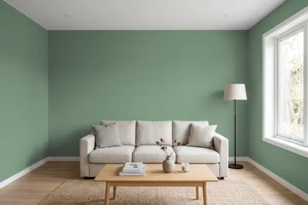 Living room with walls painted Sherwin-Williams Gallery Green SW 0015 (simulated)