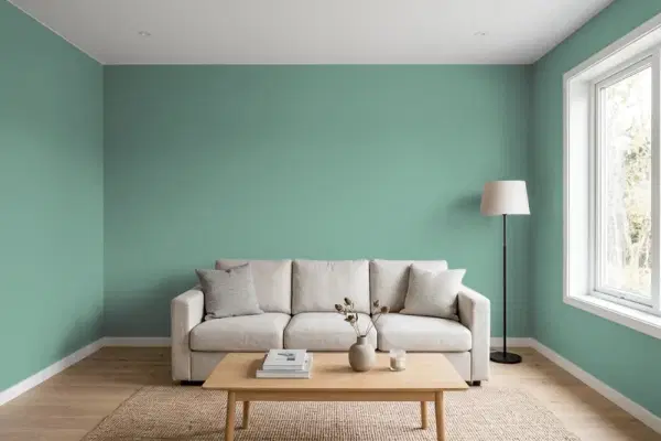 Living room with walls painted Behr Garden Fountain PMD-15 (simulated)