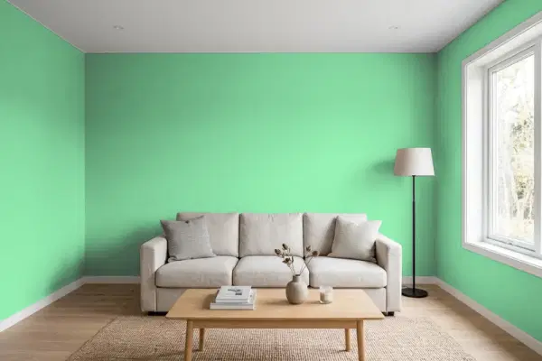 Living room with walls painted Behr Garden Glow 460B-4 (simulated)