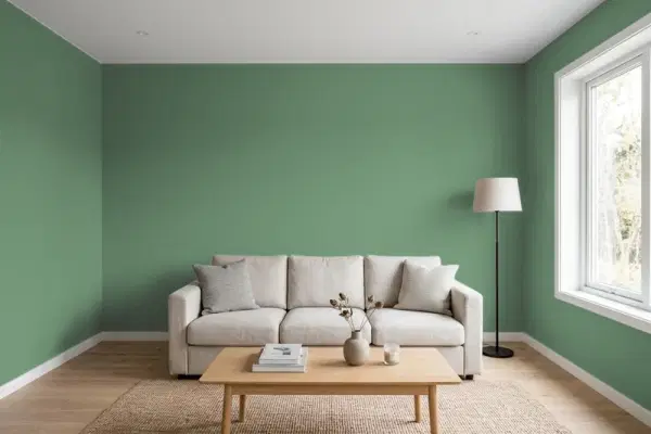 Living room with walls painted Behr Garden Greenery BIC-55 (simulated)