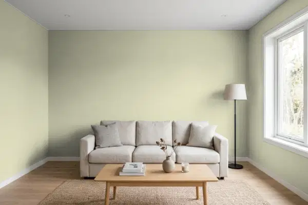 Living room with walls painted Behr Garden Lattice PPF-24 (simulated)