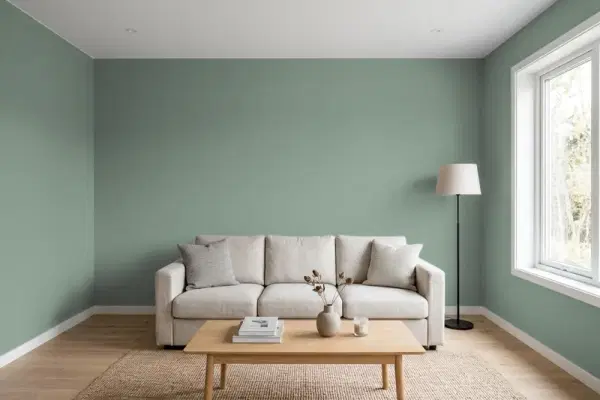 Living room with walls painted Benjamin Moore Garden Oasis 699 (simulated)