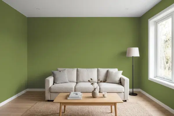 Living room with walls painted Sherwin-Williams Garden Spot SW 6432 (simulated)