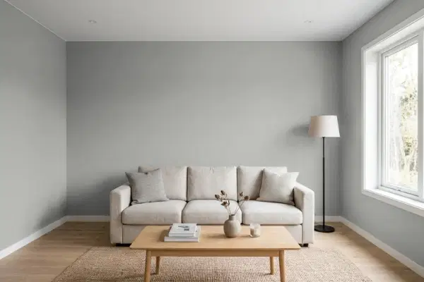 Living room with walls painted Behr Gateway Gray MQ6-22 (simulated)