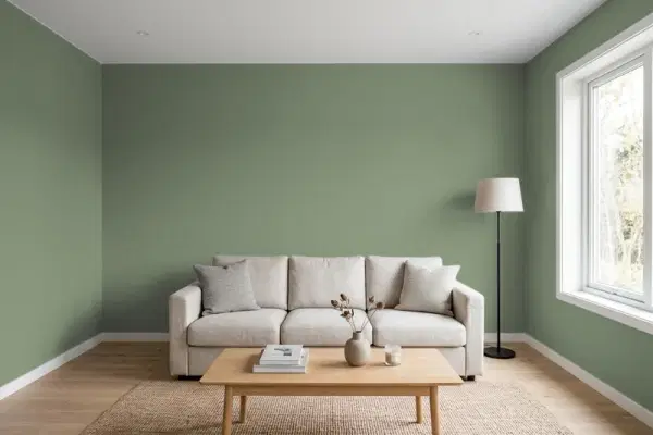 Living room with walls painted Behr Gazebo Green MQ6-16 (simulated)