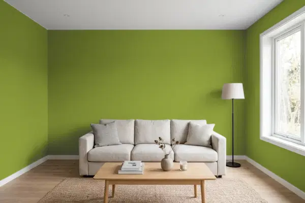 Living room with walls painted Sherwin-Williams Gecko SW 6719 (simulated)