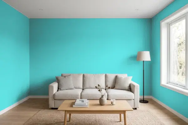 Living room with walls painted Behr Gem Turquoise 500B-4 (simulated)