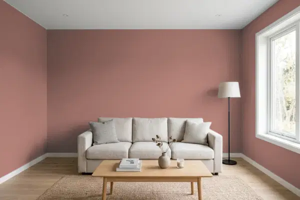Living room with walls painted Behr Gentle Doe 170F-6 (simulated)