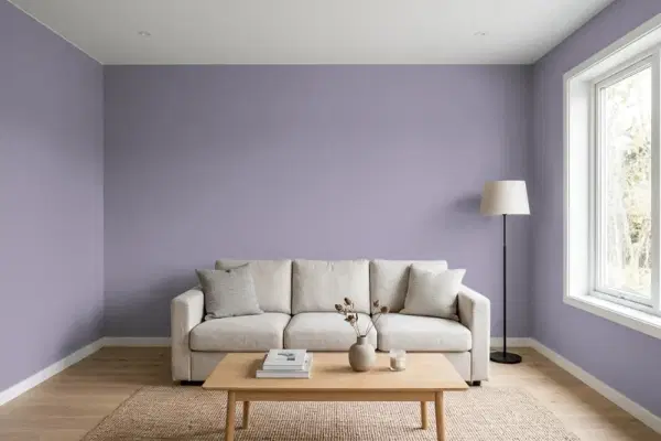 Living room with walls painted Sherwin-Williams Gentle Grape SW 9074 (simulated)