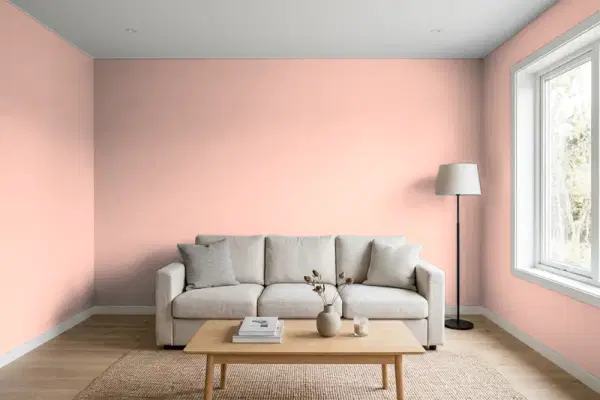 Living room with walls painted PPG Paints Georgia Peach 1063-4 (simulated)