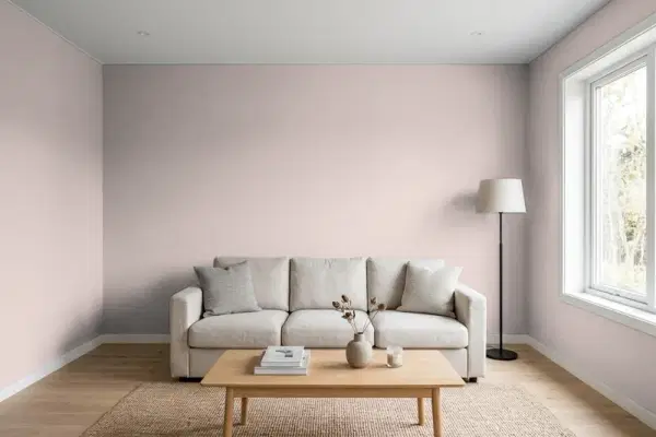 Living room with walls painted Behr Georgian Pink HDC-CL-25G (simulated)