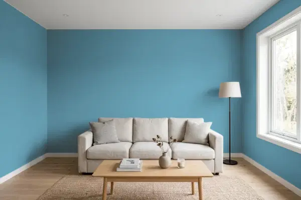 Living room with walls painted Sherwin-Williams Georgian Revival Blue SW 7609 (simulated)