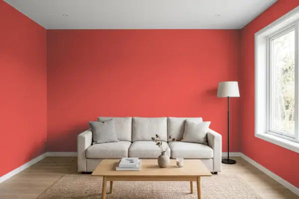 Living room with walls painted Benjamin Moore Geranium 1307 (simulated)