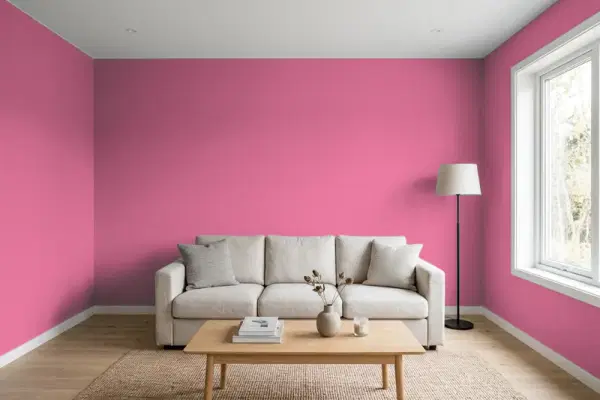 Living room with walls painted PPG Paints Geranium Pink 1182-6 (simulated)