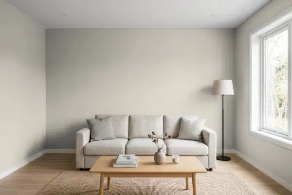 Living room with walls painted PPG Paints Ghost Writer 1007-3 (simulated)
