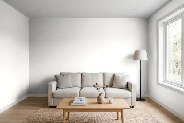 Living room with walls painted Sherwin-Williams Ghosted SW 9545 (simulated)