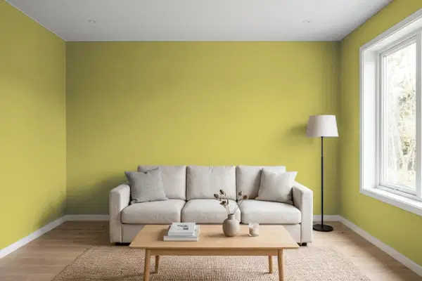 Living room with walls painted Valspar Gilded Pesto 6007-6B (simulated)
