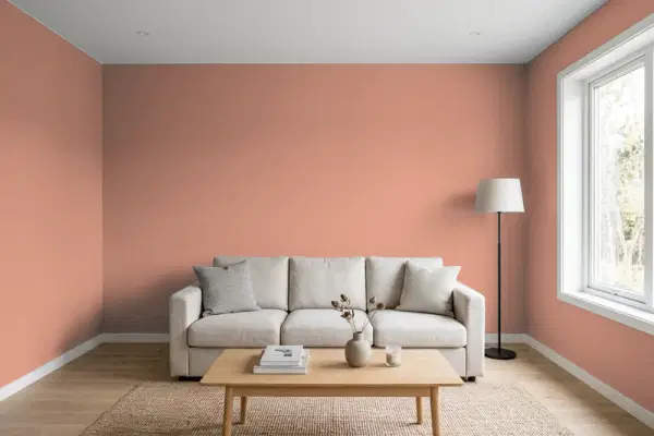 Living room with walls painted Behr Ginger Rose PPU2-09 (simulated)