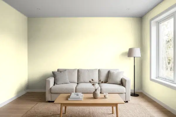 Living room with walls painted Benjamin Moore Ginseng Root 386 (simulated)