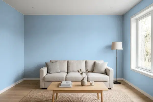 Living room with walls painted Benjamin Moore Glace Bay CC-814 (simulated)