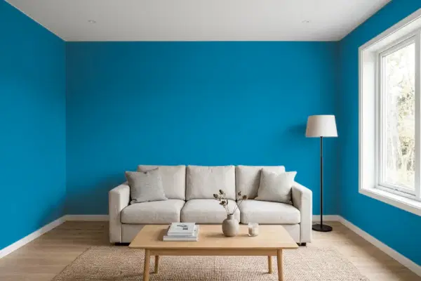 Living room with walls painted Behr Glacier Lake S-G-530 (simulated)
