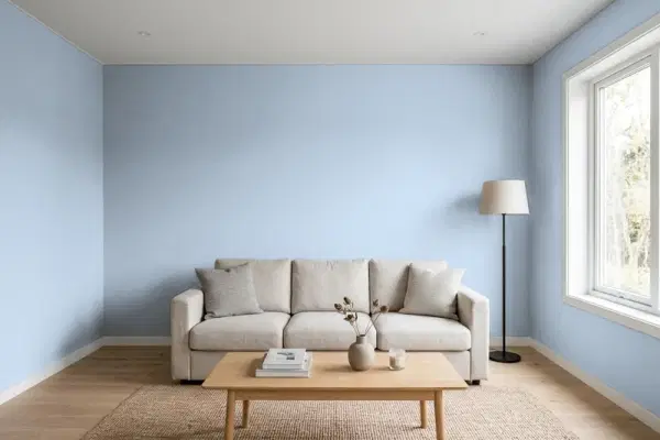 Living room with walls painted Valspar Glacier Mist 4005-3B (simulated)