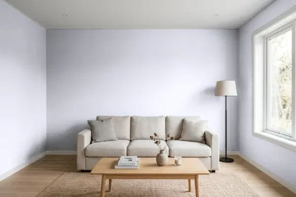 Living room with walls painted PPG Paints Glacier Pearl 1169-3 (simulated)