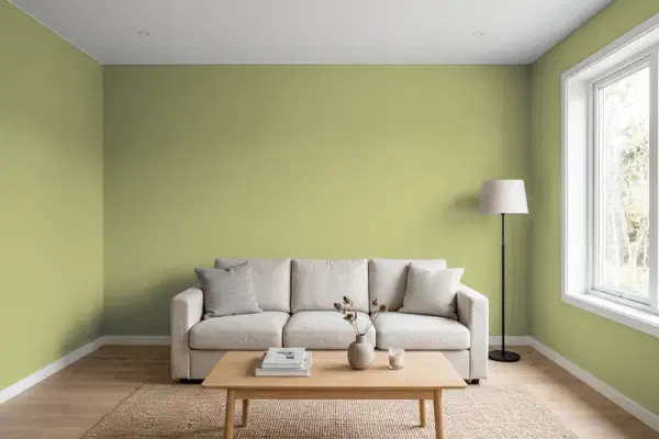 Living room with walls painted Sherwin-Williams Glade Green SW 9669 (simulated)