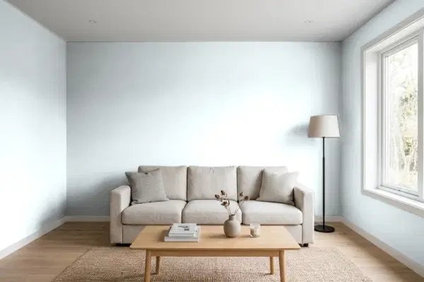 Living room with walls painted Behr Glass Bead 570E-1 (simulated)